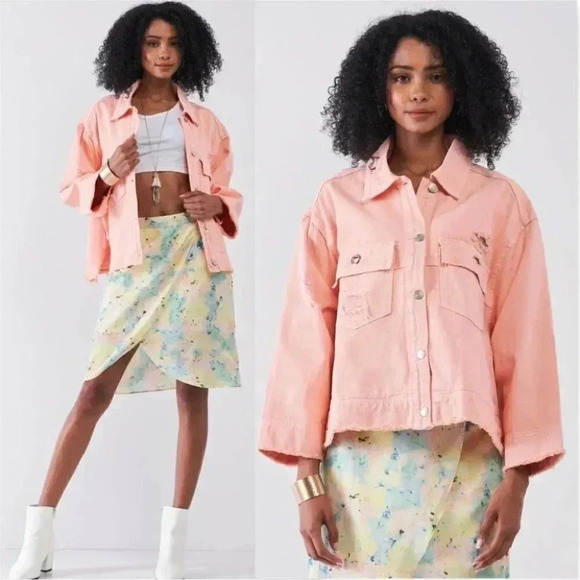 PEACH Distressed Button Down Denim Jacket - Picture 1 of 6
